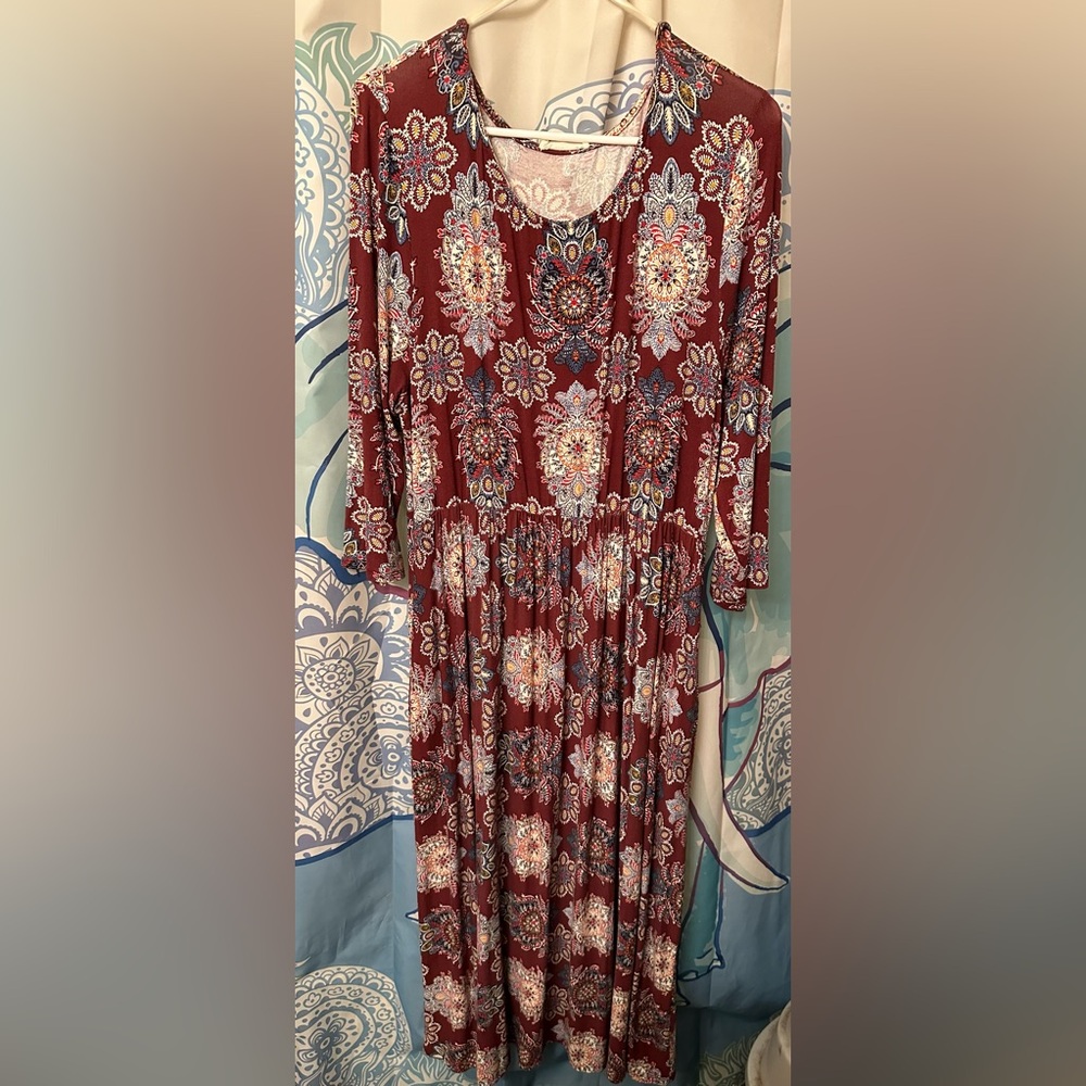 Love In, 3XL, burgundy boho patterned dress with pockets